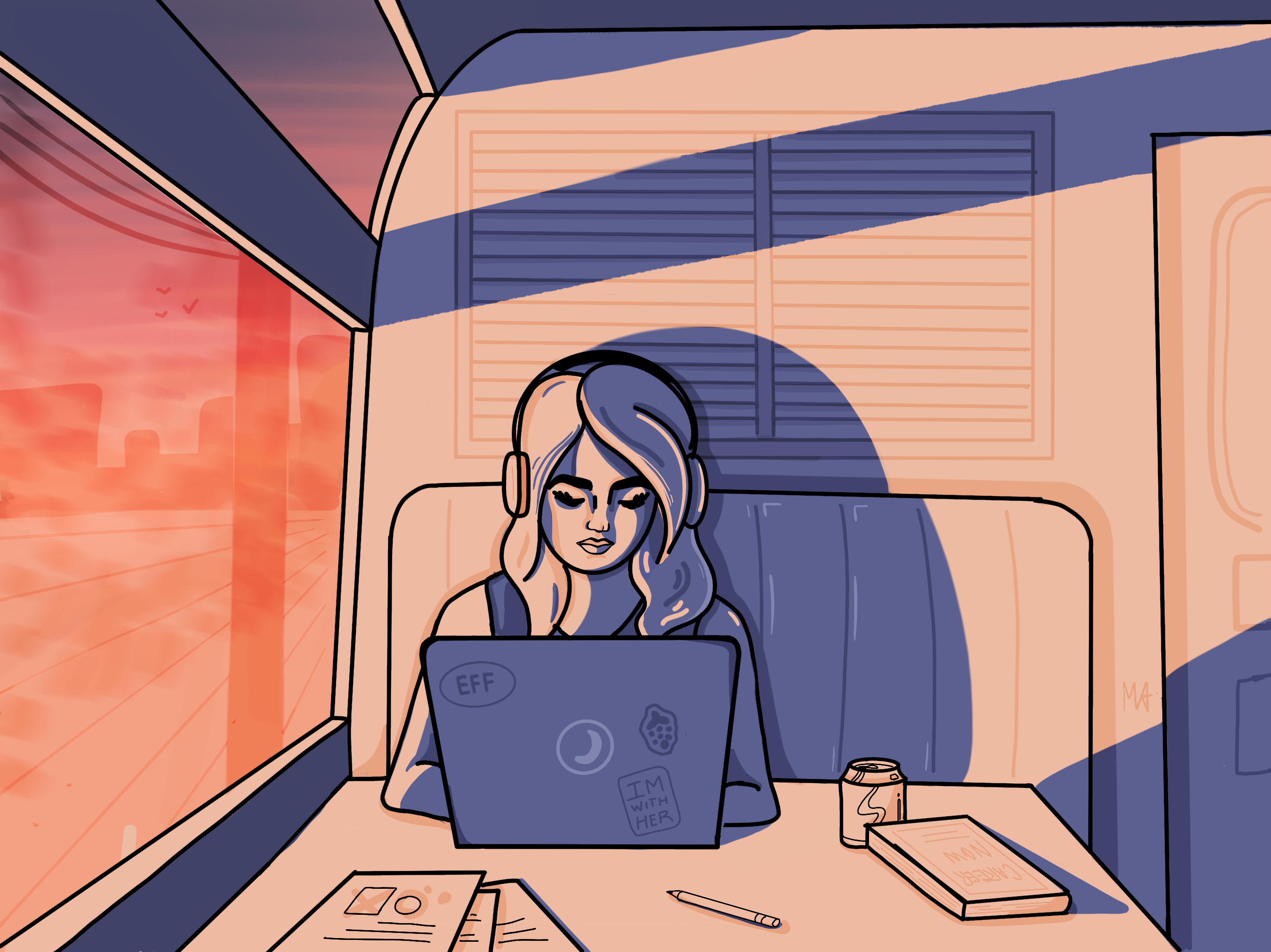 Illustration of a woman working from her computer while sitting in a train.